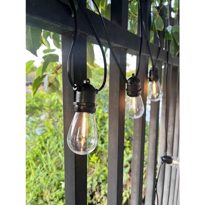 Guirlande LED installée le long d'une clôture de jardin